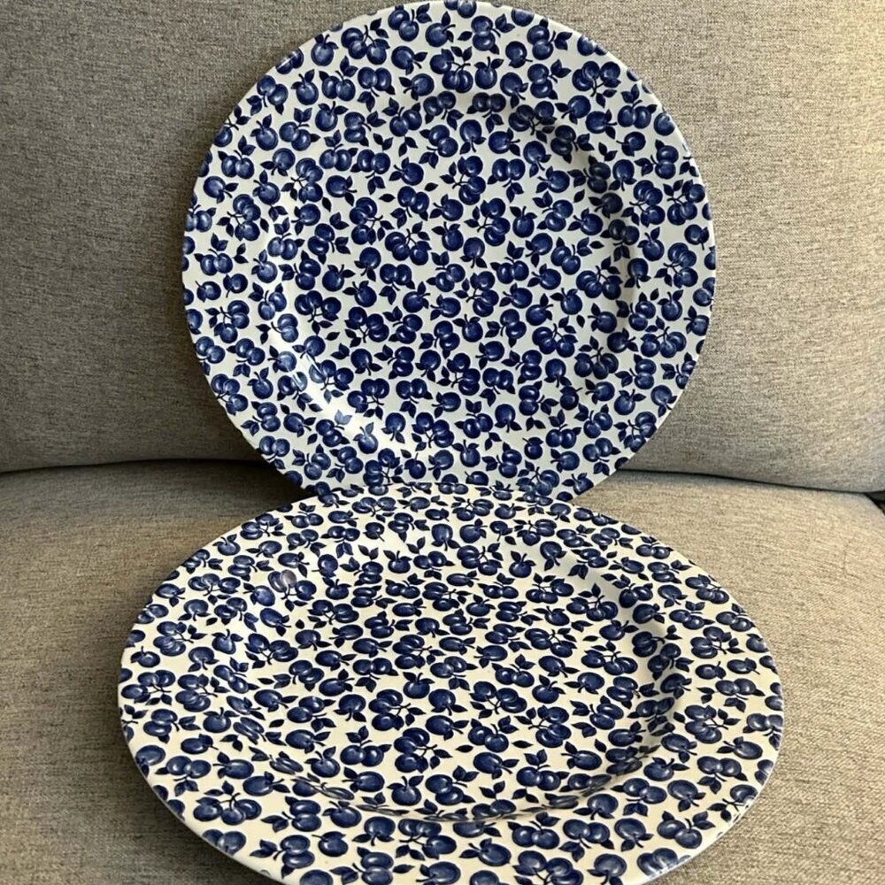 Pair of English Ironstone Blue & White Fruit & Leaves Dinner Plates
